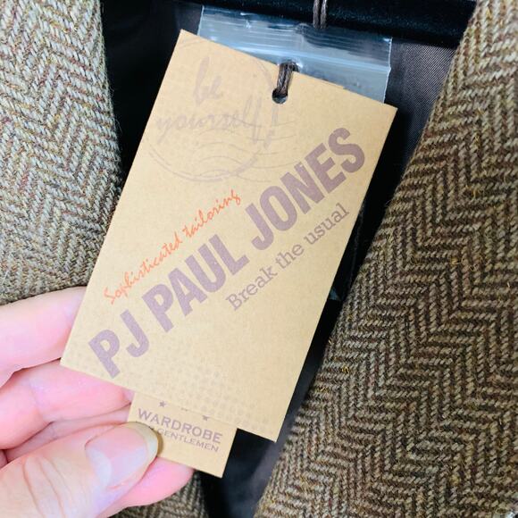 Paul Jones Sz M Wool Herringbone Sport Coat Blazer Jacket Brown Corduroy Collar - Picture 13 of 14